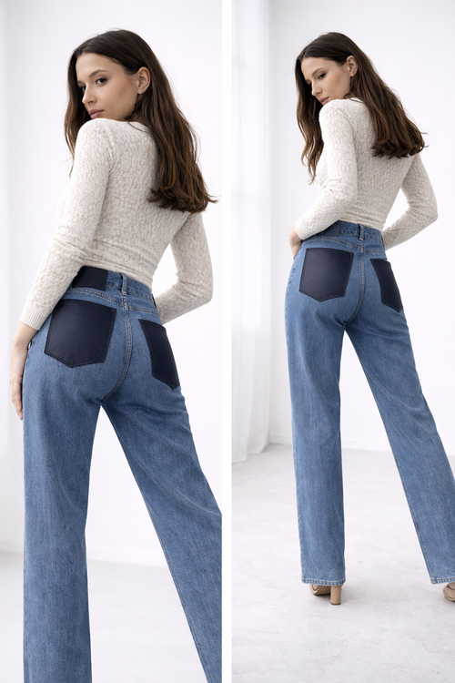 Jean poches en cuir Bleu Marine